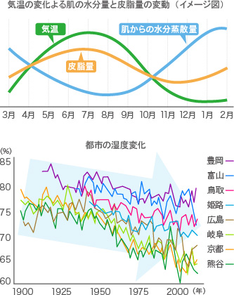 気温の変化による肌の水分量と皮脂の変動・都市の湿度変化