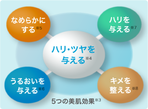 なめらかにする／ハリを与える／ハリ・ツヤを与える／うるおいを与える／キメを整える5つの美肌効果