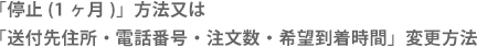 「停止(1ヶ月)」方法又は
「送付先住所・電話番号・注文数・希望到着時間」変更方法